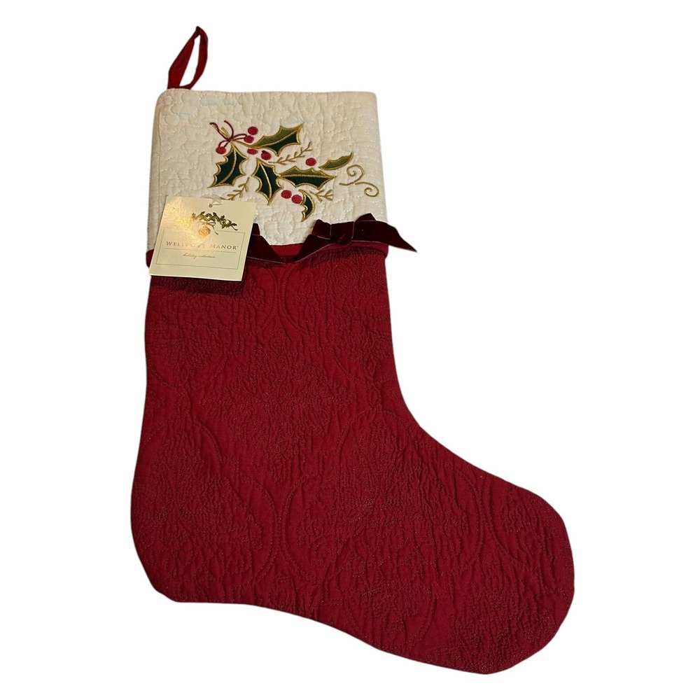 Wellesley Manor Quilted Cotton Embroidered Holly Christmas Stocking NEW